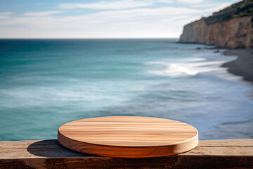 Poster - Wooden chop on the table top with the background of the sea and blue sky. High quality photo