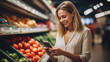 Smiling young woman with smart phone grocery shopping in supermarket. ai generative