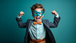 © Oleksandr - young boy in a superhero costume, striking a triumphant pose with a wide grin. ai generative