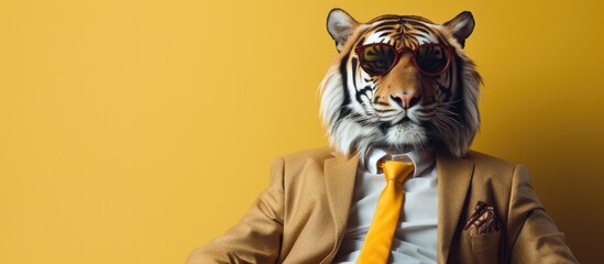 Wall Mural - Animal tiger portraits, Cool business animal in sunglasses and suit. With copy text space, wide screen. Simple background, Generative AI