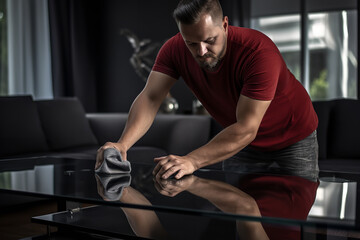 Poster - A man focused on his task is wiping down a glass coffee table with a cloth