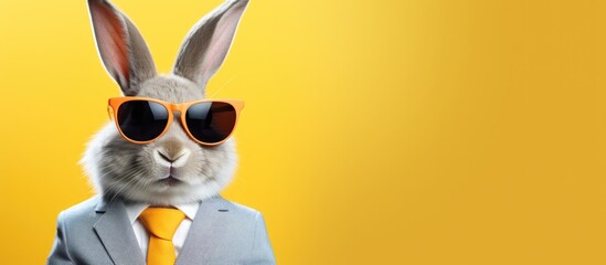 Wall Mural - Animal bunny portraits, Cool business animal in sunglasses and suit. With copy text space, wide screen. Simple background, Generative AI