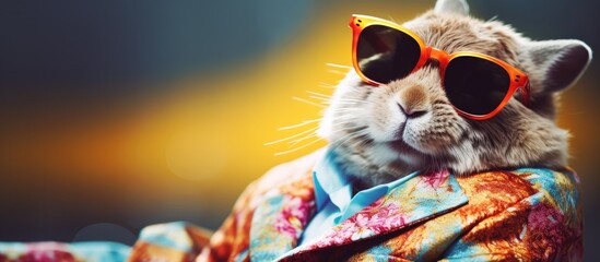 Wall Mural - Animal bunny portraits, Cool business animal in sunglasses and suit. With copy text space, wide screen. Simple background, Generative AI