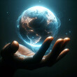 A dark male hand is carefully holding a glowing and floating earth. There are specular highlights and glowing trails around the planet.