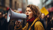 A young woman chants her demands into a megaphone during a demonstration. Close-up portrait of a radical young woman. In the background is a crowd of demonstrators with placards. ai generative