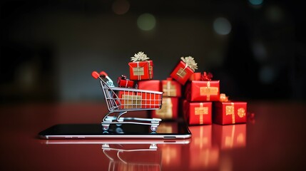 Poster - christmas shopping cart on a mobile phone