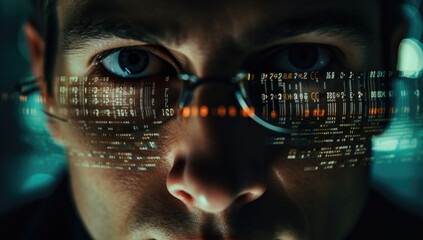 Fototapete - Close up shot of man coding on PC with reflection of code in front of him