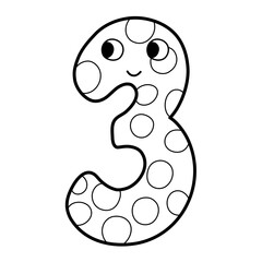 Poster - Cute number three character for kids in outline. Leaning numbers for preschool. Doodle number 3 in black and white. Vector illustration