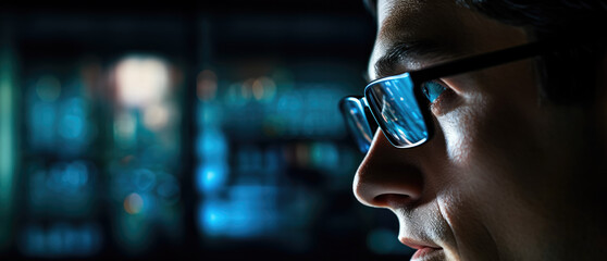 Aufkleber - Side view of man working at office late night