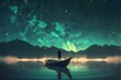 glowing lake surface glowing aurora sky in starry sky with boat and man on the water midnight green blue background super realistic hyper detailed dramatic lighting 8k 