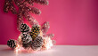 canvas print picture - Pink Christmas decorations backdrop. These vibrant and stylish ornaments, including a plastic Christmas tree adorned in baby pink, offer a perfect backdrop for festive posts and advertisements.