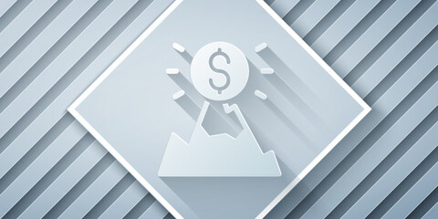 Poster - Paper cut Mountains with flag on top icon isolated on grey background. Symbol of victory or success concept. Goal achievement. Paper art style. Vector