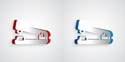 Poster - Paper cut Office stapler icon isolated on grey background. Stapler, staple, paper, cardboard, office equipment. Paper art style. Vector