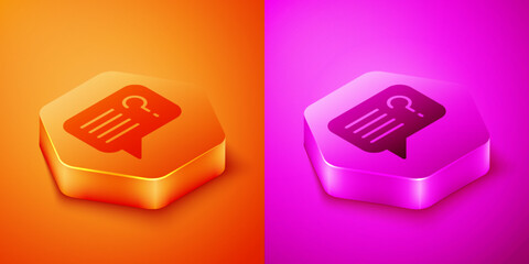 Poster - Isometric Unknown search icon isolated on orange and pink background. Magnifying glass and question mark. Hexagon button. Vector