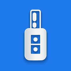 Poster - Paper cut Car key with remote icon isolated on blue background. Car key and alarm system. Paper art style. Vector