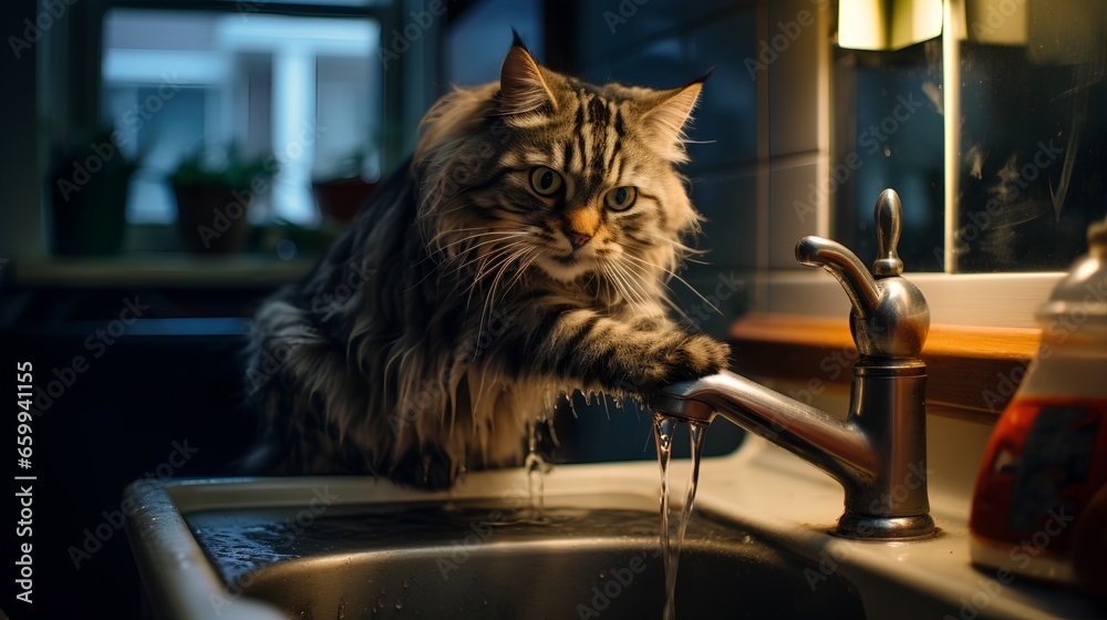 Domestic cat drinking water directly from a kitchen sink faucet. Kitten ...