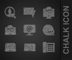 Poster - Set Mail and e-mail, Monitor phone, Telephone, World map made from speech bubble, Laptop with envelope, Chat messages notification laptop, monitor and Create account screen icon. Vector