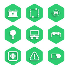 Poster - Set Fuse, Exclamation mark in triangle, Battery charge level indicator, Resistor electricity, Electrical outlet, Light bulb with concept of idea, circuit scheme and Car battery icon. Vector