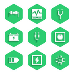 Poster - Set Audio jack, Lightning bolt, Processor with microcircuits CPU, Electric light switch, Battery charge level indicator, Car battery, cable and Resistor electricity icon. Vector