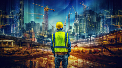 Wall Mural - Urban construction double exposition. Architect man on skyscrapers construction background. civil engineer. Construction engineer silhouette. Man and new city