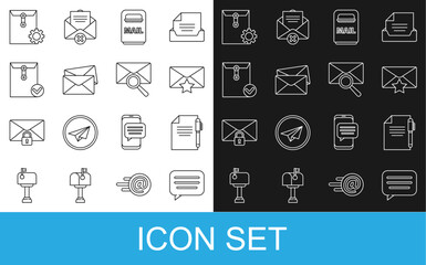 Poster - Set line Speech bubble chat, Document and pen, Envelope with star, Mail box, check mark, setting and magnifying glass icon. Vector