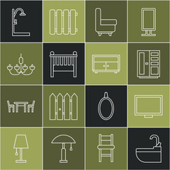 Poster - set line washbasin with water tap, picture frame on table, wardrobe, armchair, baby crib cradle bed,