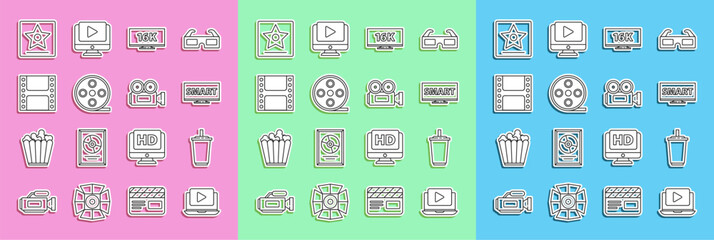 Poster - Set line Online play video, Paper glass with water, Screen tv Smart, 16k, Film reel, Play Video, Hollywood walk of fame star and Cinema camera icon. Vector
