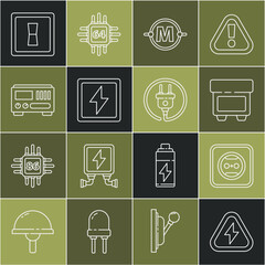 Poster - Set line High voltage, Electrical outlet, Fuse, circuit scheme, Lightning bolt, measuring instruments, light switch and plug icon. Vector