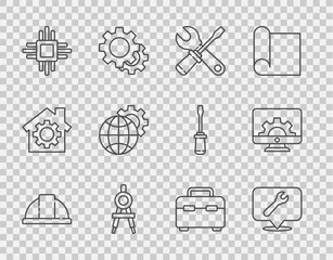 Wall Mural - Set line Worker safety helmet, Location with wrench spanner, Screwdriver and, Drawing compass, Processor microcircuits CPU, Globe of the Earth gear, Toolbox and Computer monitor icon. Vector