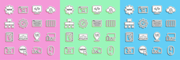 Poster - Set line Computer mouse, Monitor and mobile, Color palette guide, Front end development, Website statistic, Site map, UI UX design and icon. Vector