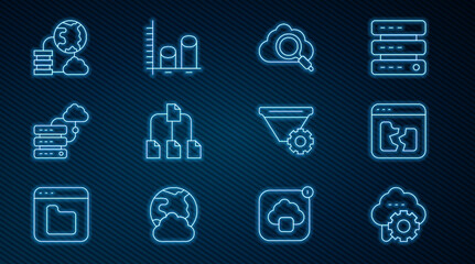 Aufkleber - Set line Cloud technology data transfer, Broken file, Search cloud computing, Folder tree, Network connection, Filter setting and Data analysis icon. Vector