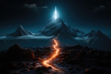 Wall Mural - illustration of illuminated path to a mountain. climbing and reaching summits concept