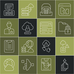 Poster - set line data export, cloud technology data transfer, folder and lock, hangar with servers, computin