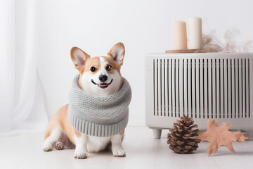 Wall Mural - A corgi dog in a scarf sits in a bright room near a heater radiator. Warmth in the house and the beginning of the heating season in winter.