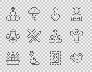 Wall Mural - Set line Burning candle in candlestick, Dove, Religious cross heart, Magic staff, Church tower, Crusade, Christian icon and Angel icon. Vector