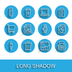 Poster - set line pencil, trash can, usb flash drive, graph chart infographic, inkwell, document with, and wr