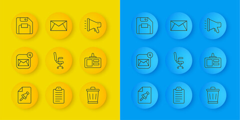 Poster - set line note paper with push button, envelope, office chair, trash can, identification badge, flopp