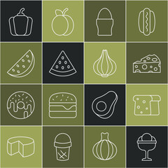 Wall Mural - Set line Ice cream in the bowl, Bread toast, Cheese, Chicken egg on stand, Watermelon, Bell pepper and Garlic icon. Vector