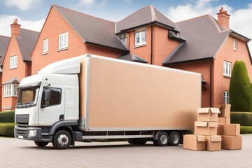 house removal truck with boxes. van full of moving boxes and furniture near house. relocation concep