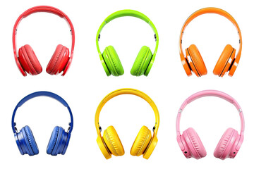 Set of colors headphones isolated on transparent background cutout. Generative AI.