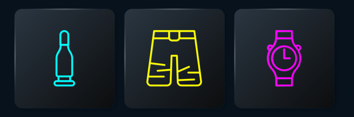 Poster - Set line Bullet, Wrist watch and Wide pants. Black square button. Vector