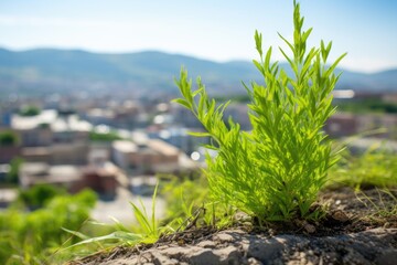 Wall Mural - close-up of green plant with urban pollution in the distance