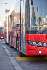 Public transportation bus in urban surroundings.