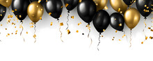 Festive black and gold balloons on a black background banner celebration theme