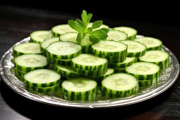 Wall Mural - chilled cucumber slices arranged on a plate