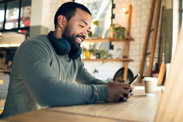 Aufkleber - Man, relax in coffee shop with smartphone and typing text or email, social media and online communication. Break at cafe, mobile app and scroll internet, search engine and chat with smile and tech