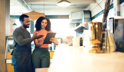 Poster - Coffee shop, teamwork and man with a woman and tablet for online orders, retail information and advice. Happy, ecommerce and a business owner with a waiter and technology reading review on the web