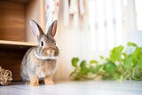 Fototapeta  - a rabbit sitting in a newly adopted home environment