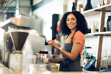 Poster - Happy woman, cafe and portrait of barista in small business, cappuccino or latte at coffee shop. Female person or waitress smile in retail service making tea, drink or beverage at store or restaurant