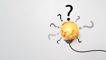 Poster - Yellow scrap paper ball with question mark for virtual lightbulb. It is creative thinking idea innovation for problem solving and solution concept.